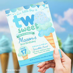 Ice Cream 2nd Birthday Invitation, Editable Summer Party (Digital)