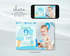 Ice Cream First Birthday Invitation Template, Photo Editable (Instant Download)