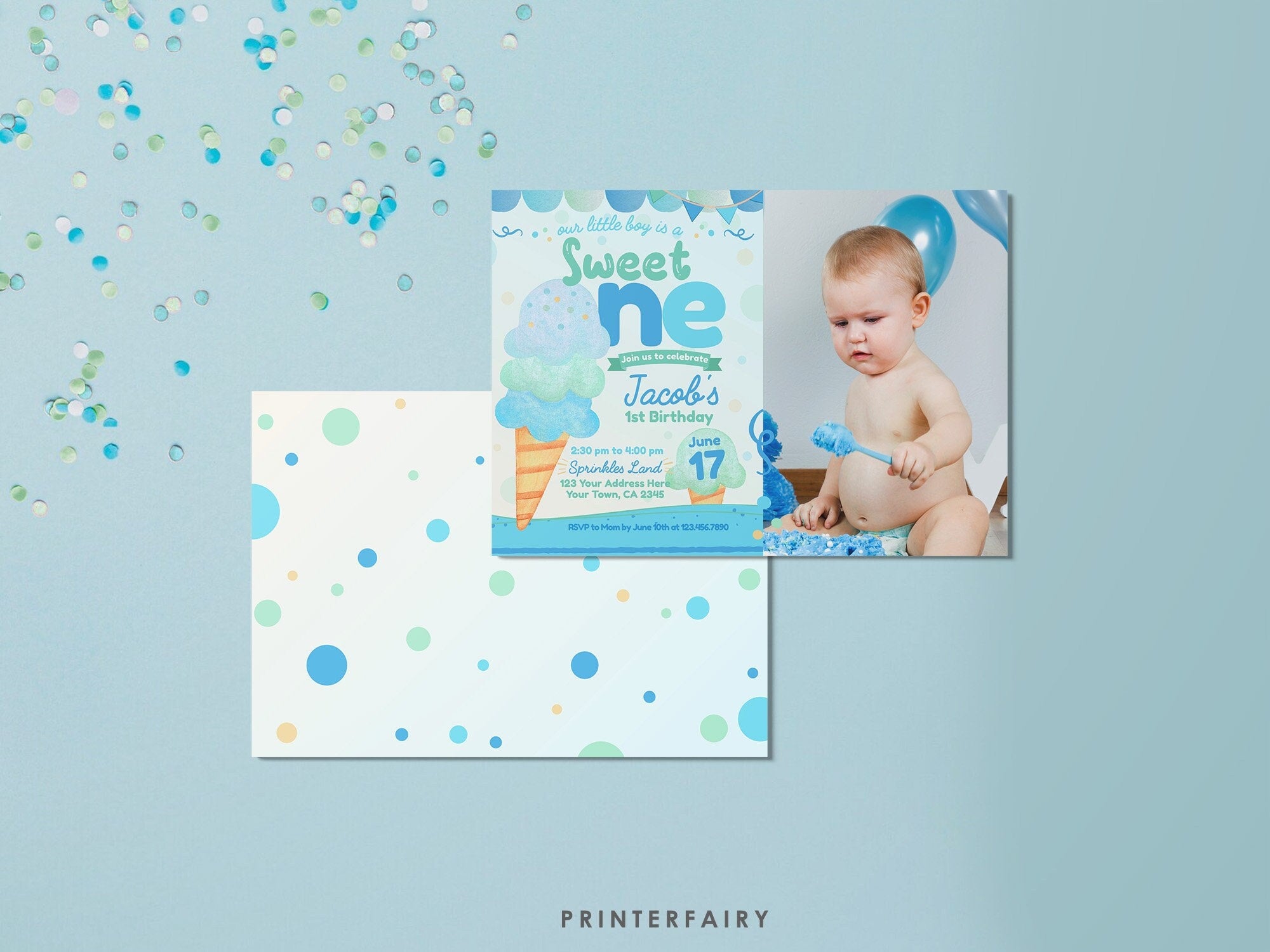 Ice Cream First Birthday Invitation Template, Photo Editable (Instant Download)