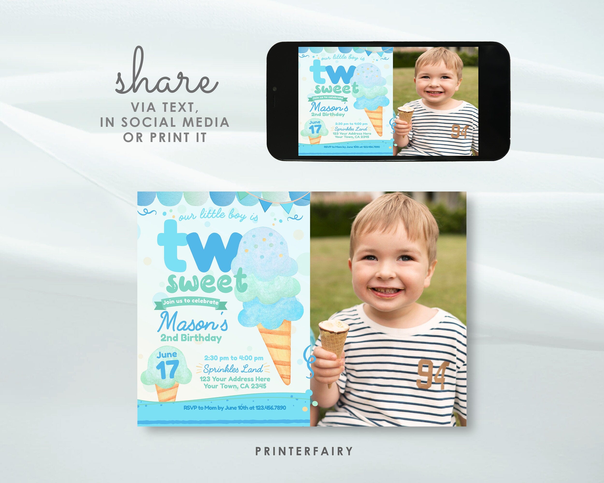 Two Sweet Ice Cream 2nd Birthday Invitation with Photo (Editable Template)