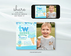 Two Sweet Ice Cream 2nd Birthday Invitation with Photo (Editable Template)