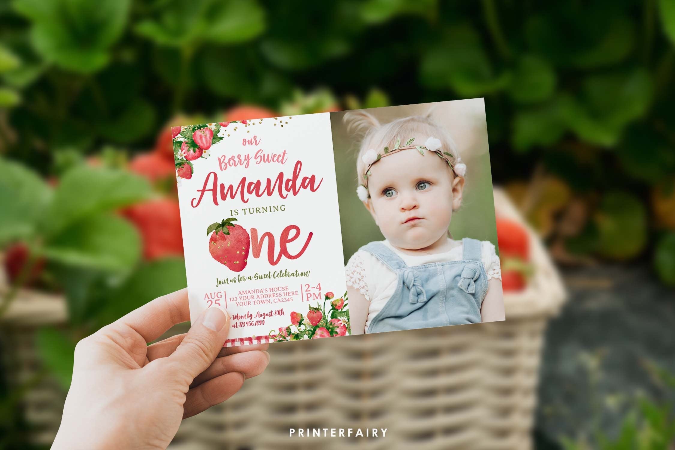 Strawberry First Birthday Invitation with photo EDITABLE Template INSTANT DOWNLOAD