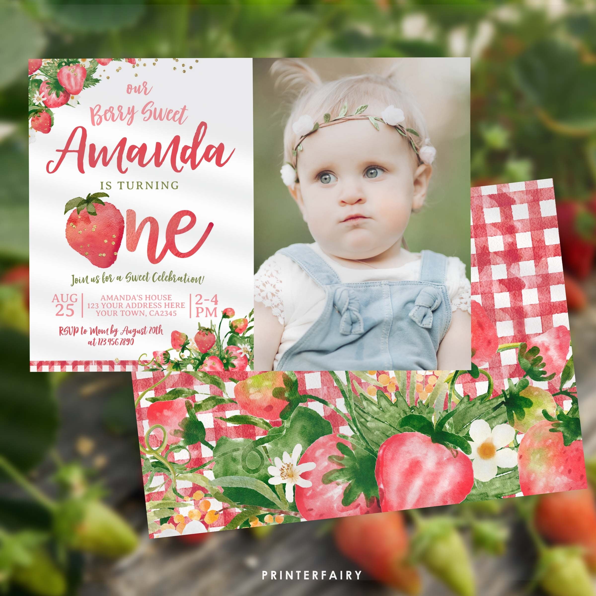 Strawberry First Birthday Invitation with photo EDITABLE Template INSTANT DOWNLOAD
