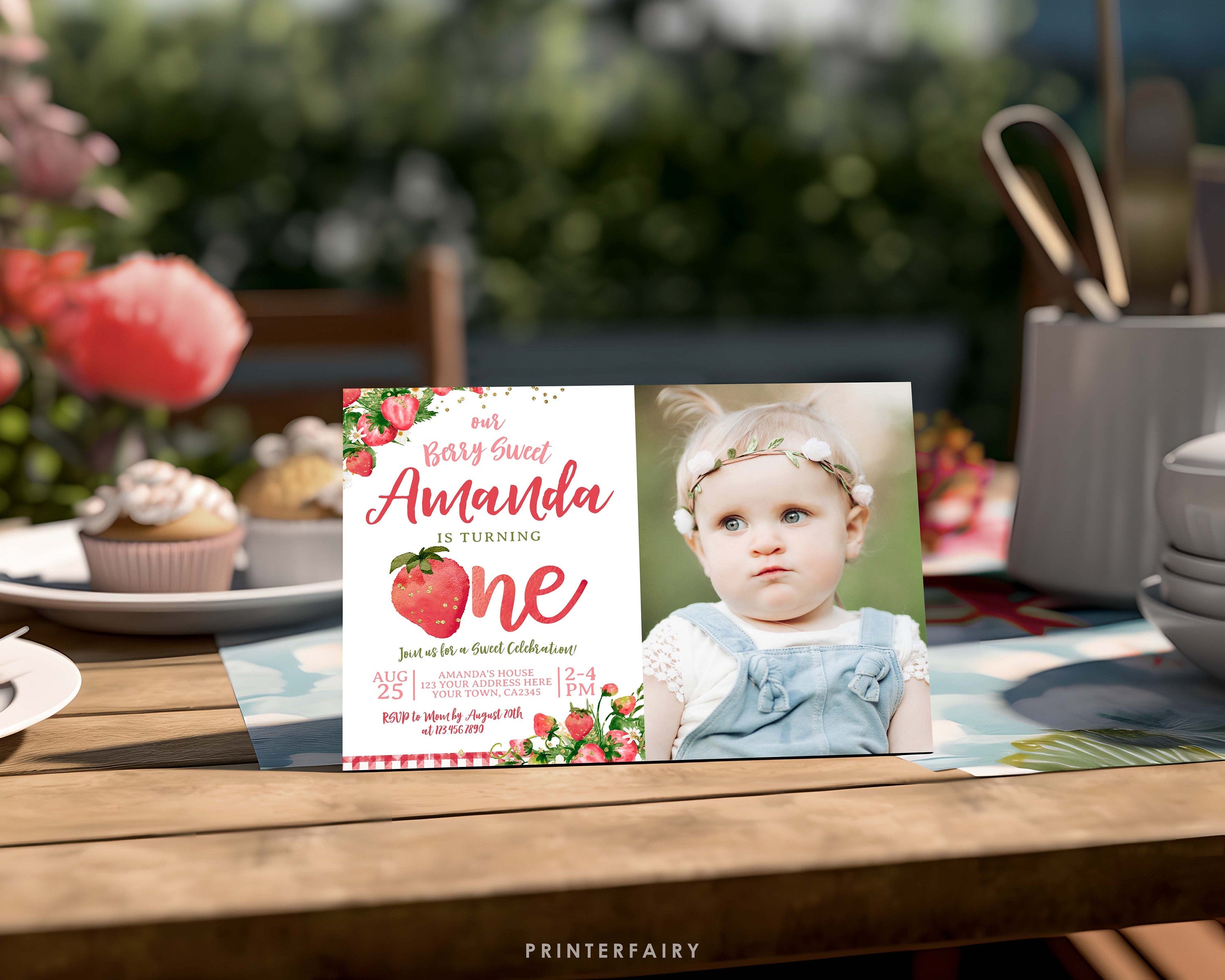 Strawberry First Birthday Invitation with photo EDITABLE Template INSTANT DOWNLOAD