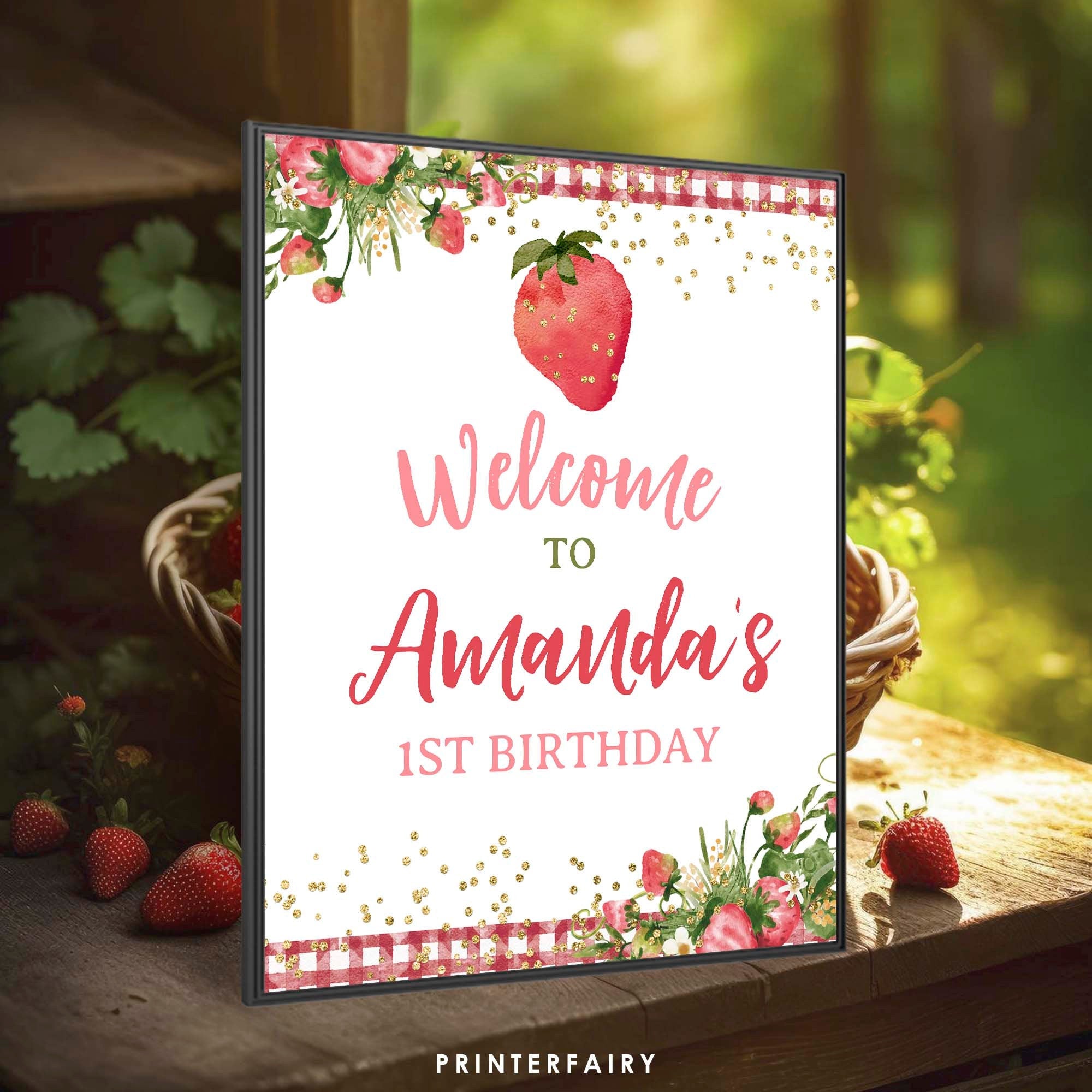 Strawberry Welcome Sign, Fruit Birthday Party Decor (Digital Download)
