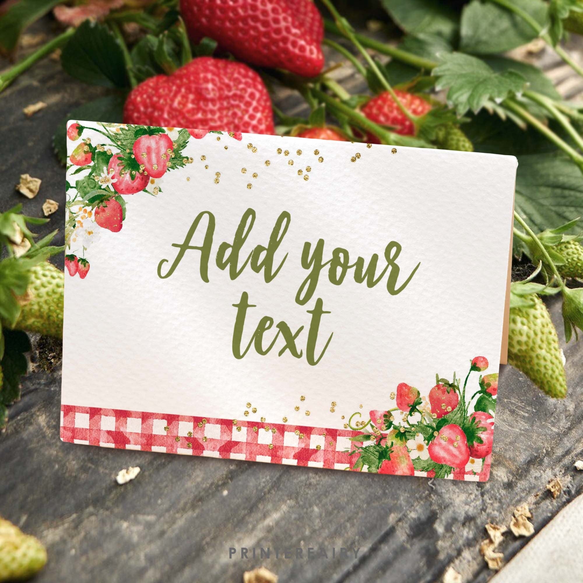 Editable Strawberry Food Tents, Fruit Birthday Party Labels (Digital Download)
