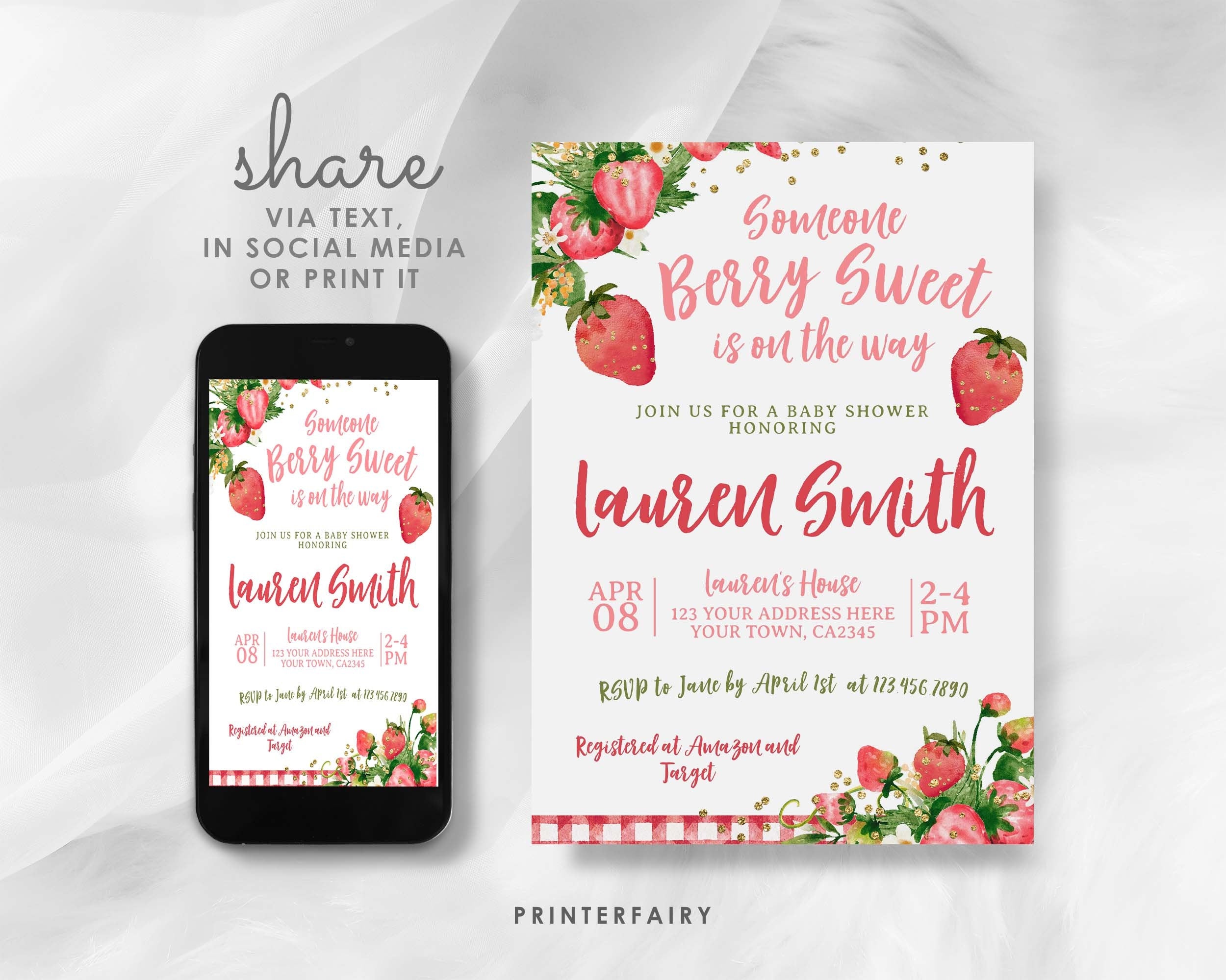 Strawberry Baby Shower Invitation, Editable "Berry Sweet" Template (Digital Download)