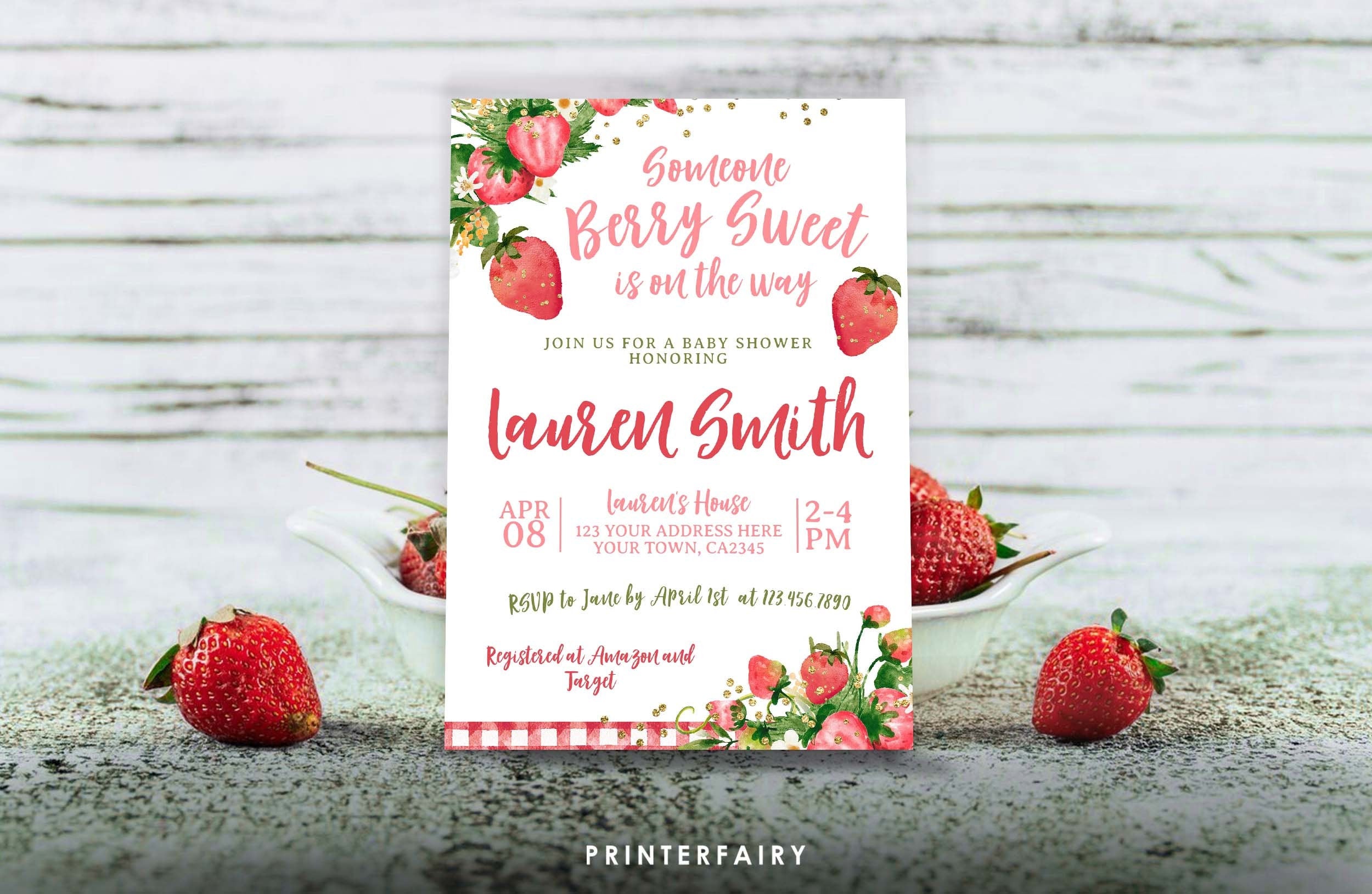 Strawberry Baby Shower Invitation, Editable "Berry Sweet" Template (Digital Download)