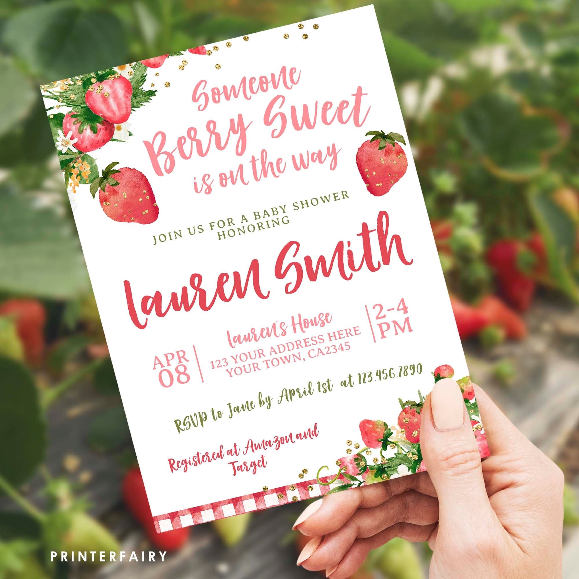 Strawberry Baby Shower Invitation, Editable "Berry Sweet" Template (Digital Download)