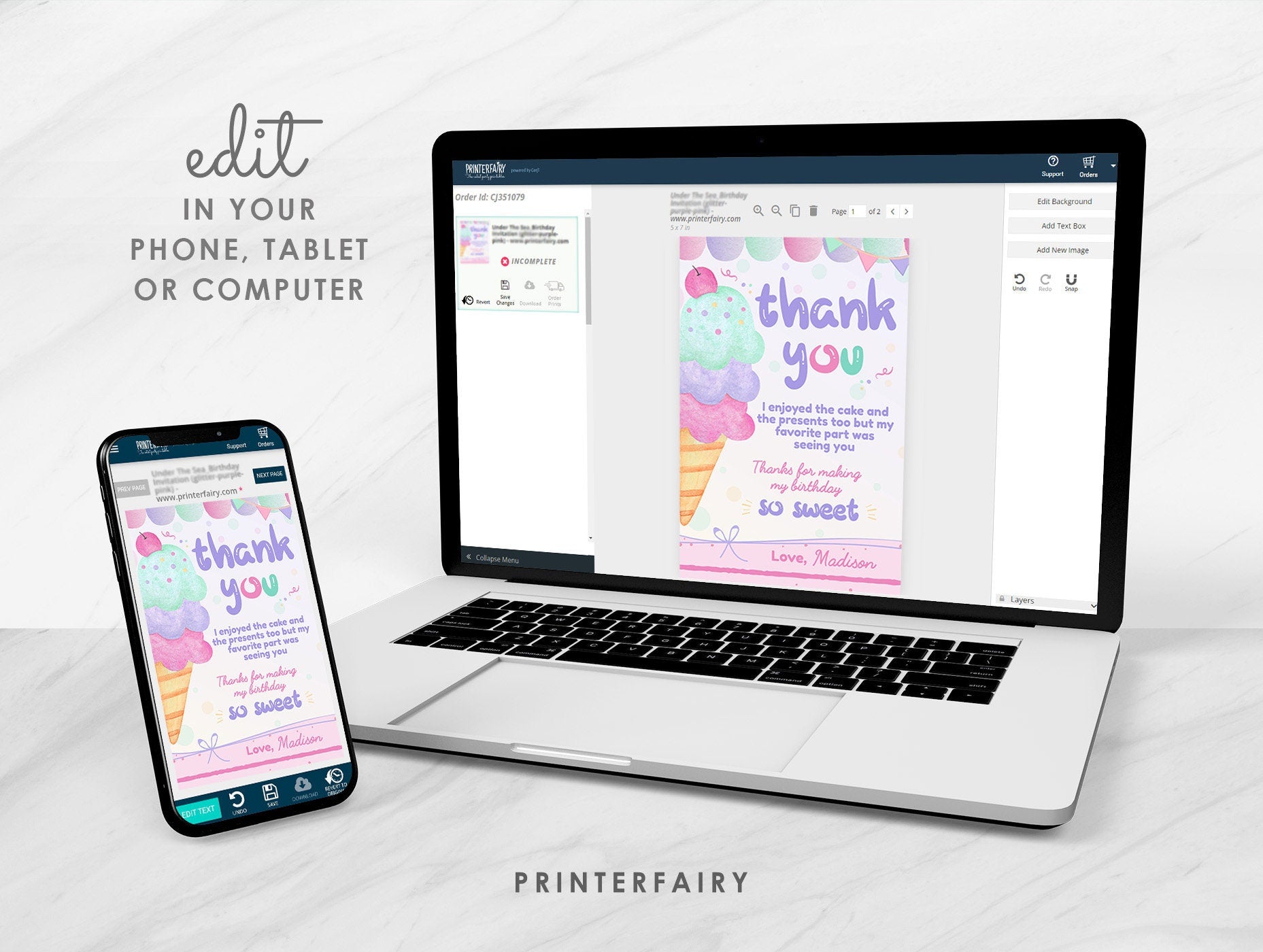 Ice Cream Thank You Card Editable Template (Instant Download)