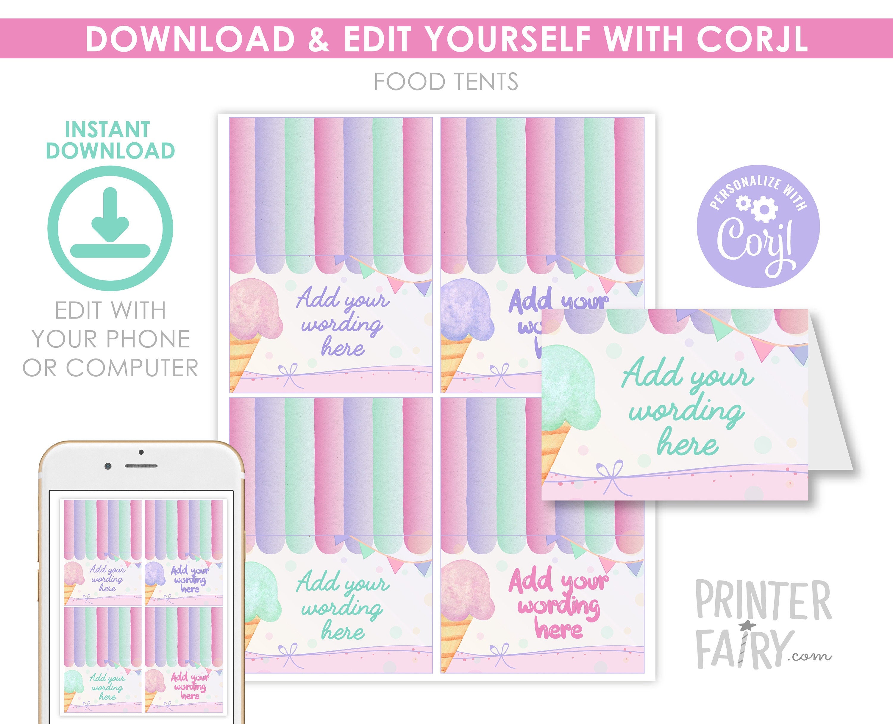 Ice Cream Party Food Tents, Editable Decorations (Digital Download)