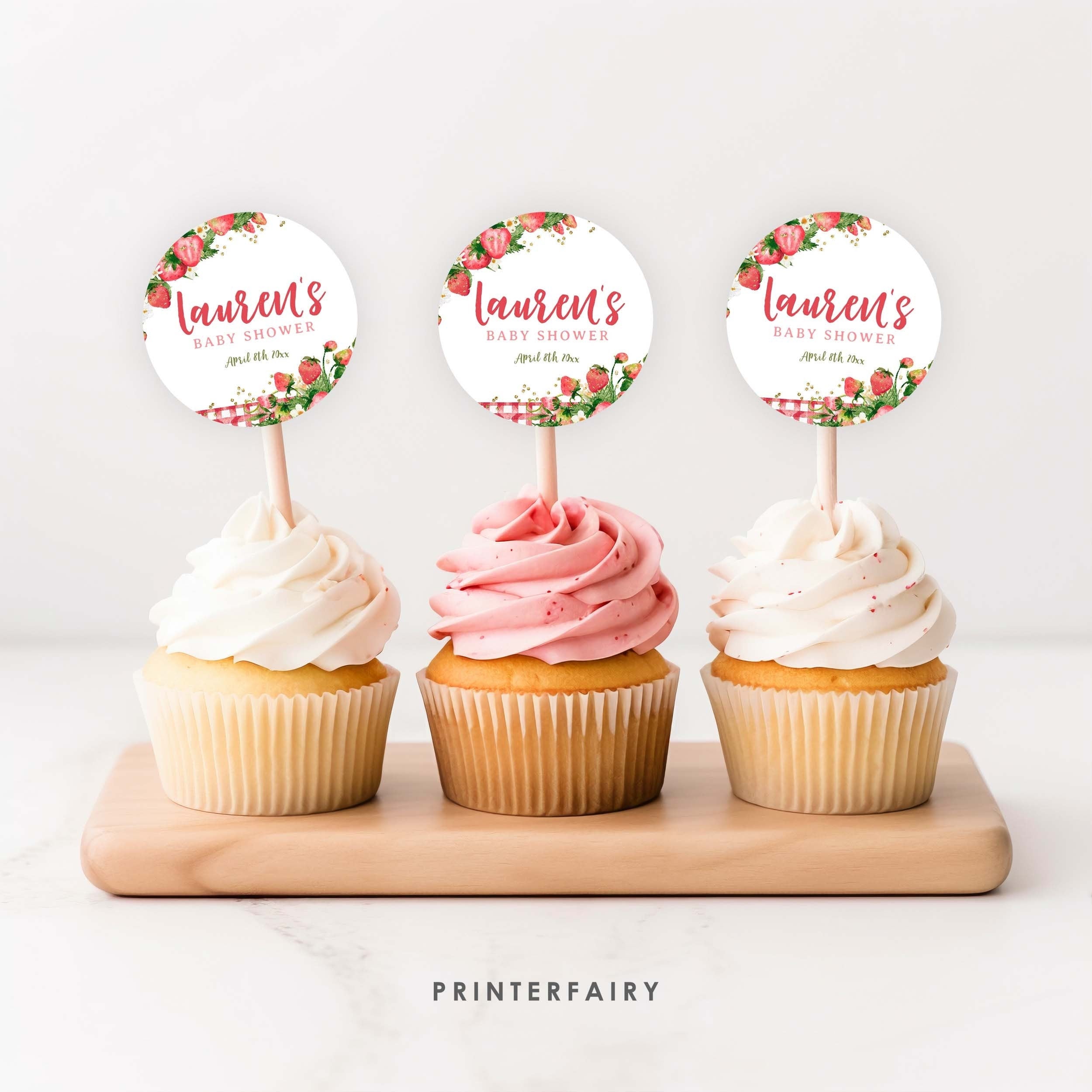 Strawberry Baby Shower Cupcake Toppers, Editable Round Labels (Digital Download)
