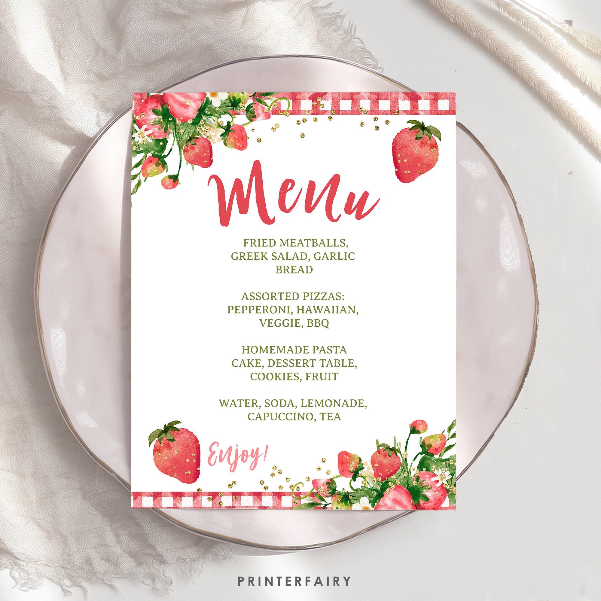 Strawberry Baby Shower Menu Sign Editable Template INSTANT DOWNLOAD