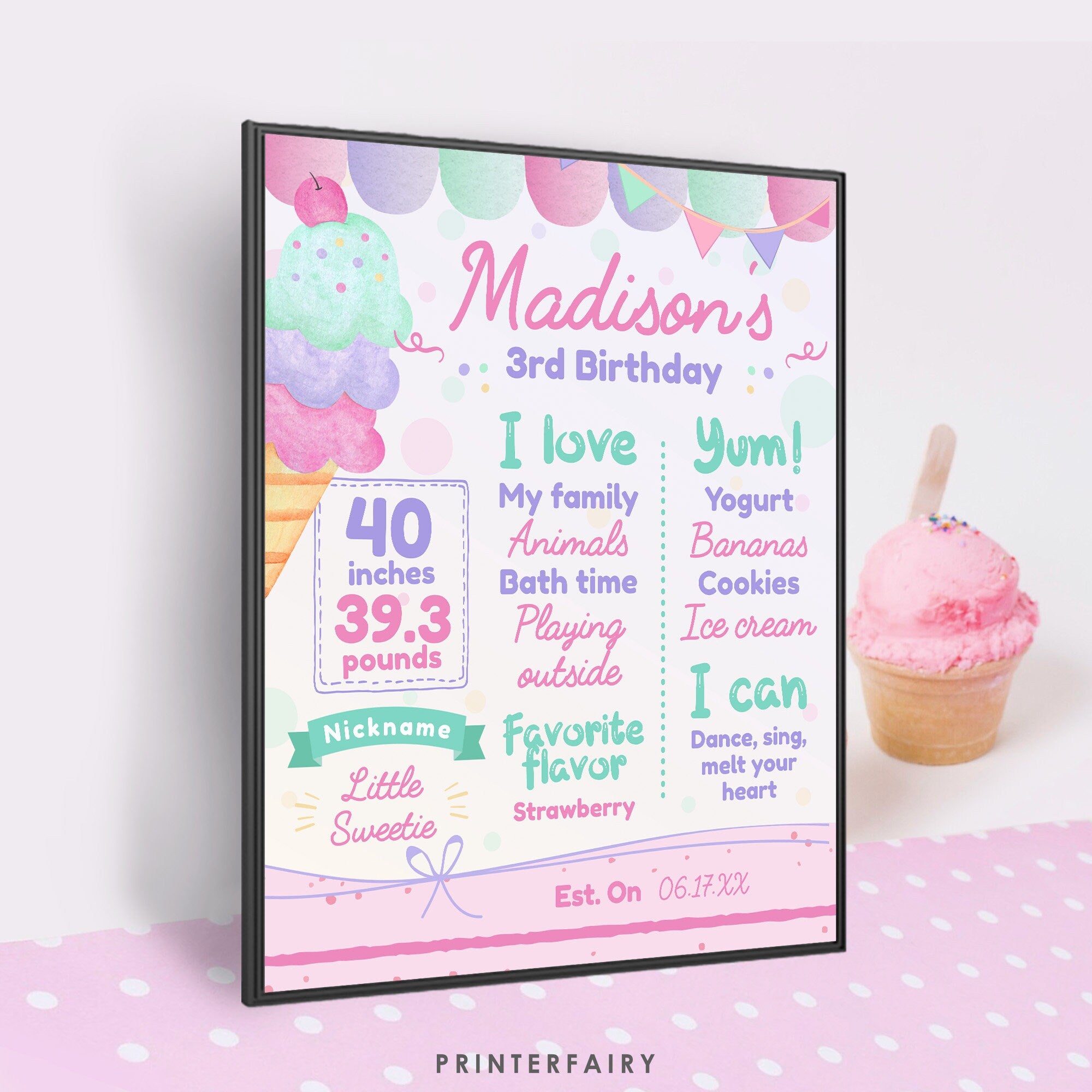 Ice Cream First Birthday Milestones Board, EDITABLE, Instant Download