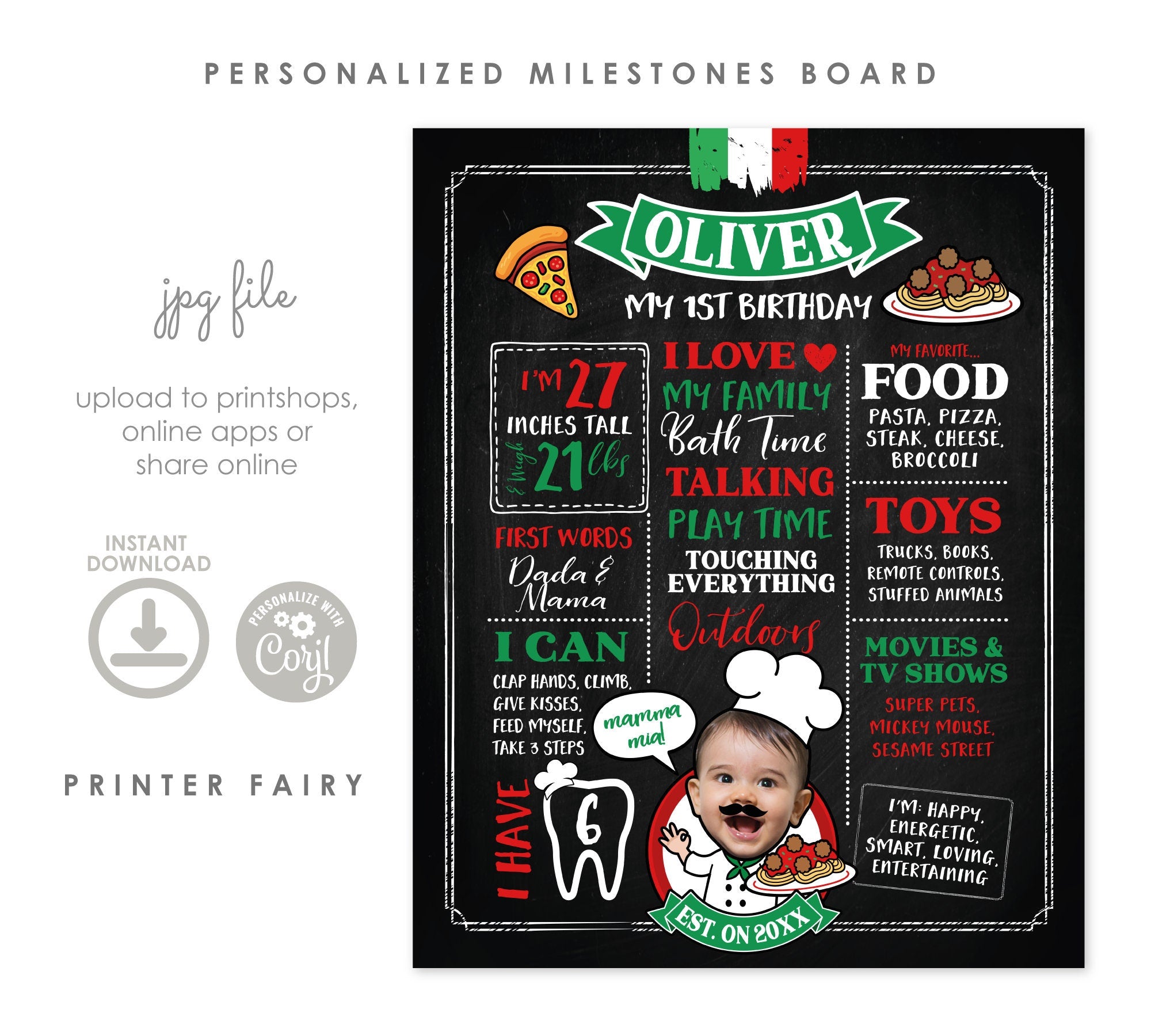 Spaghetti First Birthday Stats Board, Pizza Party Decor (Printable)