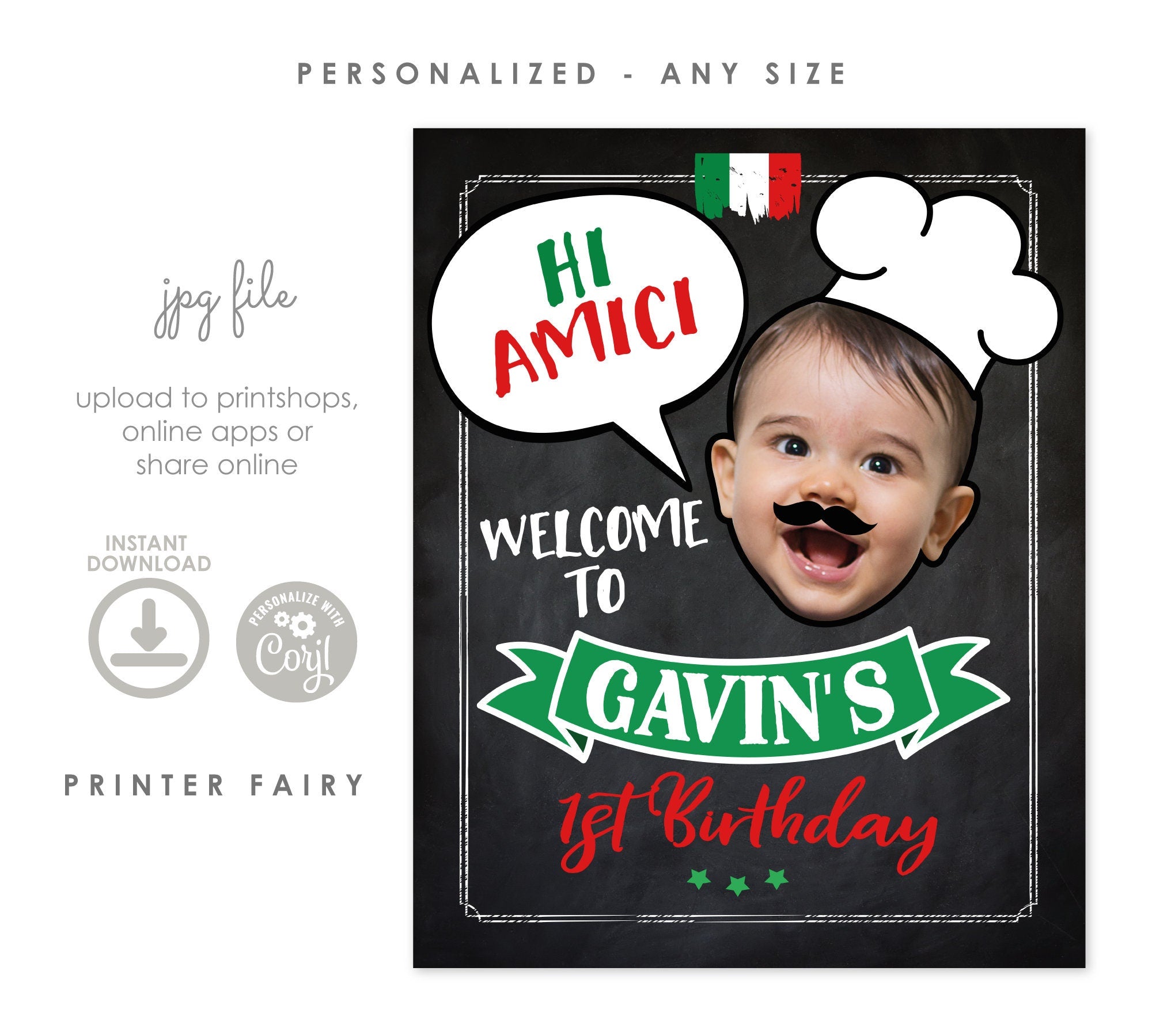 Personalized Pizza Party Welcome Sign, Italian Birthday Decor (Digital Download)
