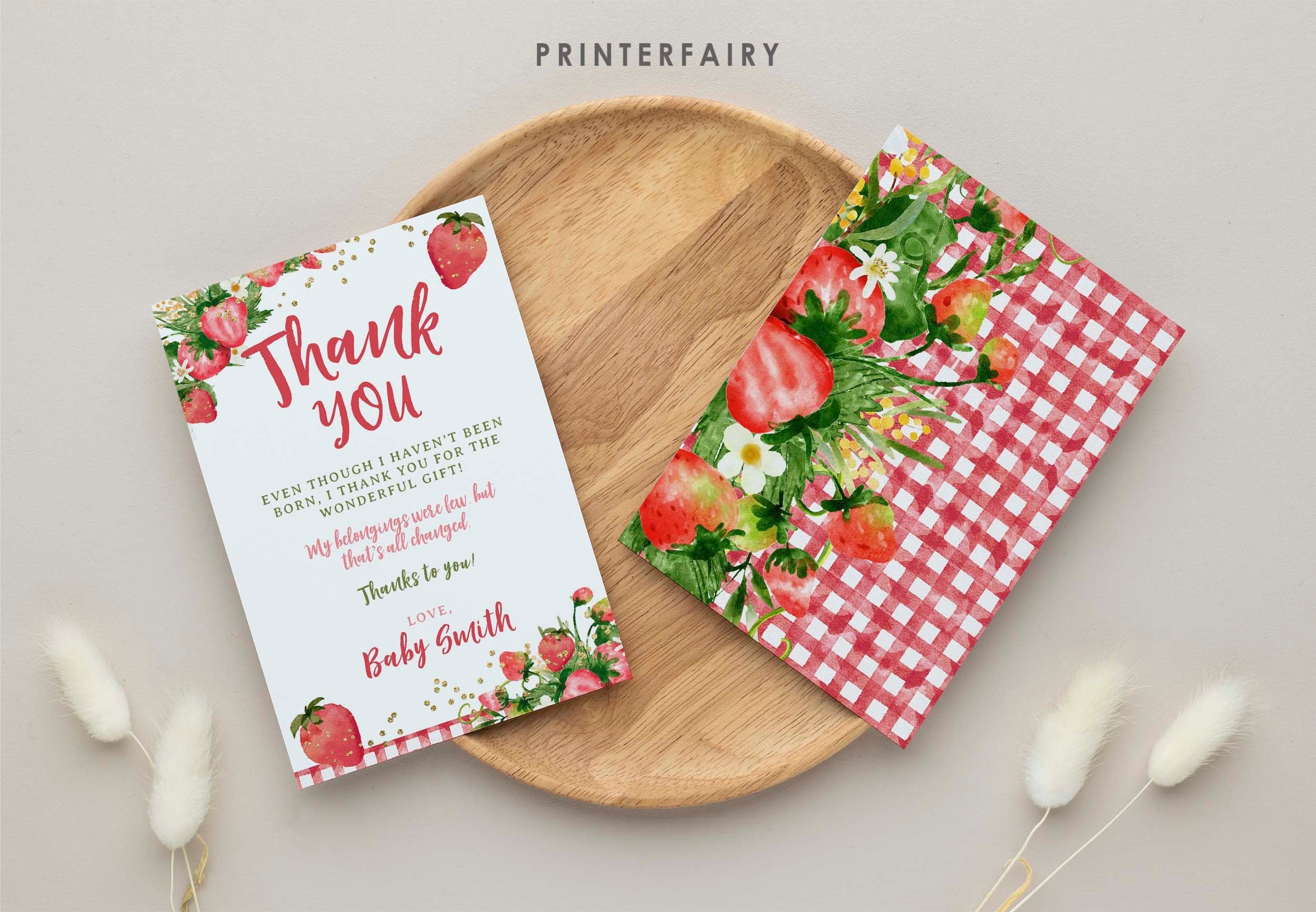 Strawberry Baby Shower Thank You Card, Editable (Digital Download)