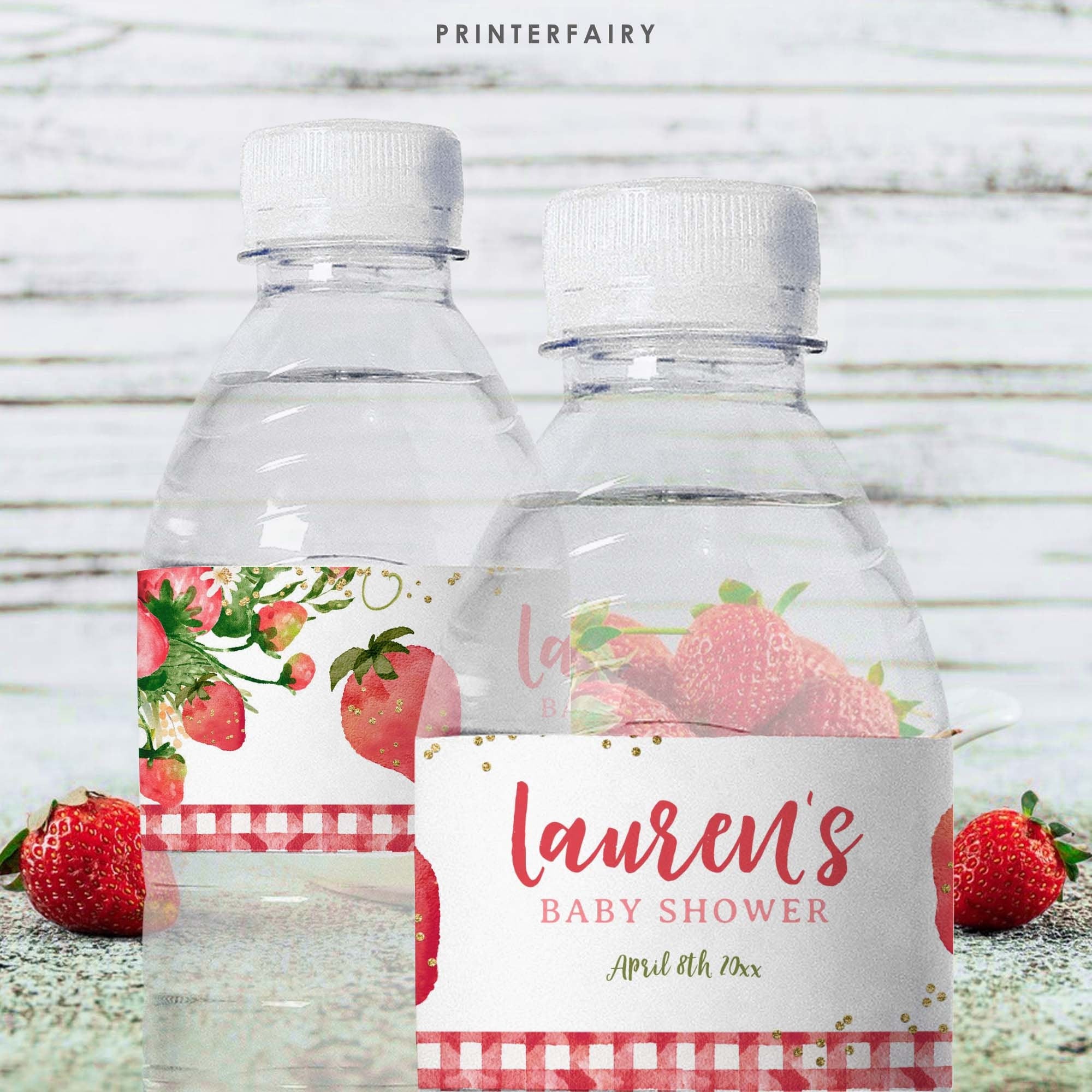 Strawberry Baby Shower Water Bottle Labels, Editable Party Decor (Digital Download)