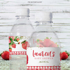 Strawberry Baby Shower Water Bottle Labels, Editable Party Decor (Digital Download)