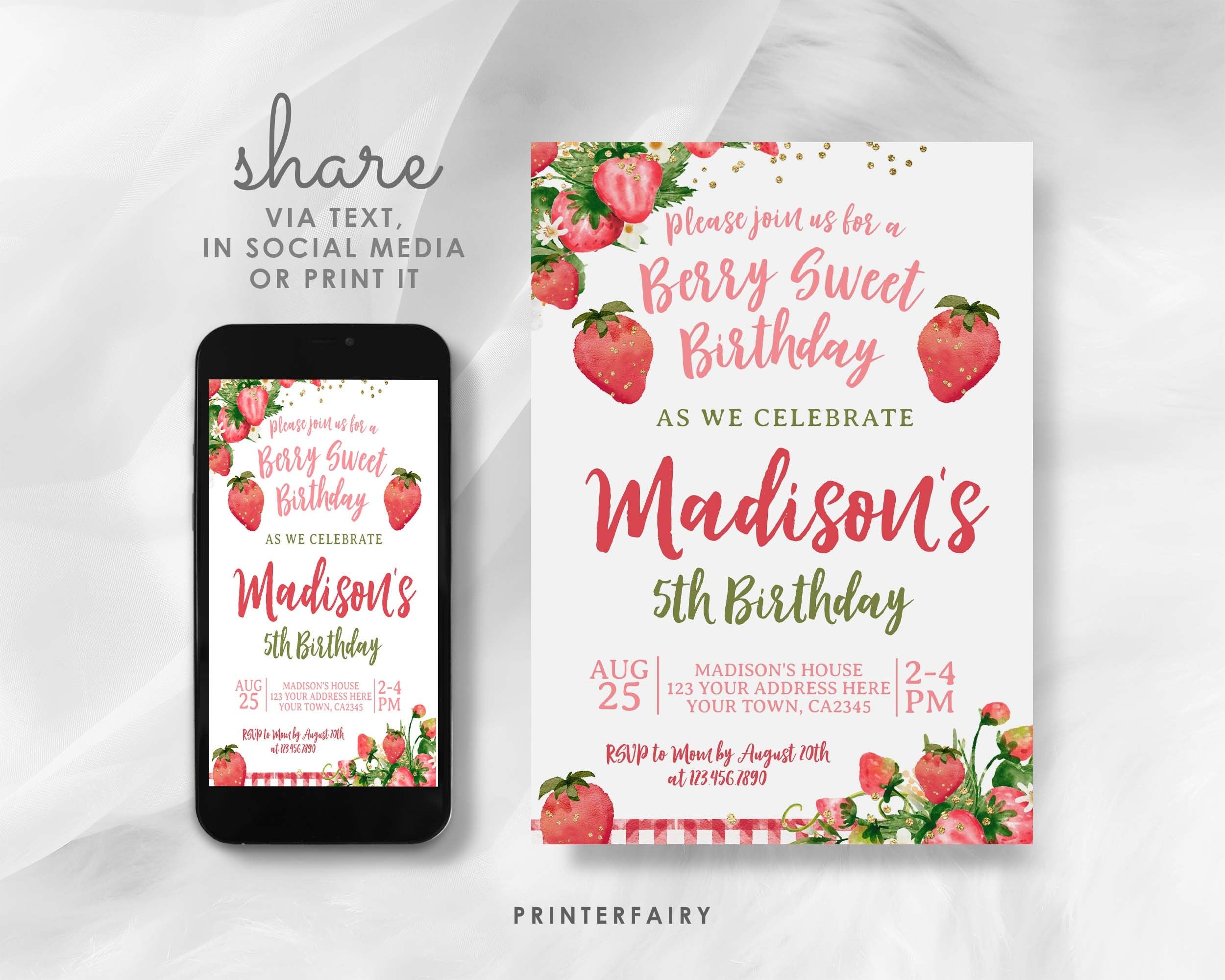 Strawberry Birthday Invitation, Berry Sweet Floral Party (Digital Download)