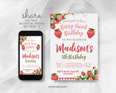 Strawberry Birthday Invitation, Berry Sweet Floral Party (Digital Download)