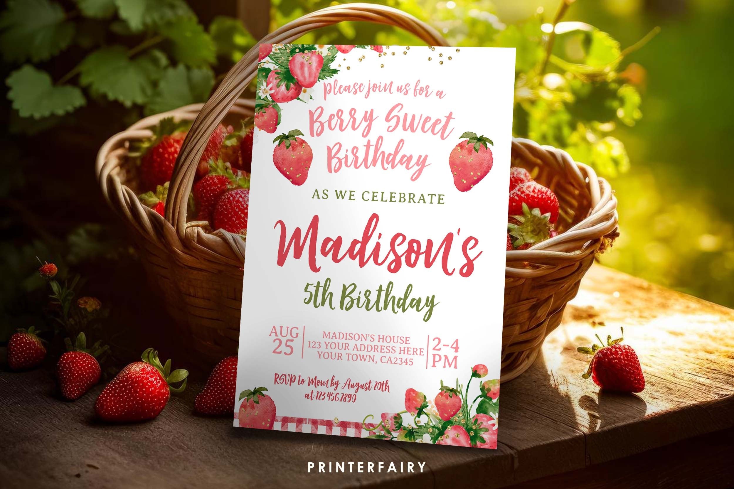 Strawberry Birthday Invitation, Berry Sweet Floral Party (Digital Download)