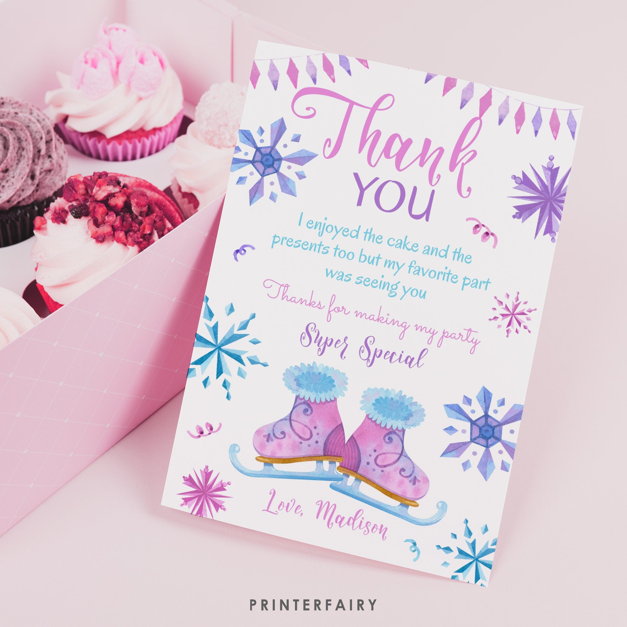 Ice Skating Thank You Card, Winter Wonderland, Snowflake Birthday (Printable, Instant Download)