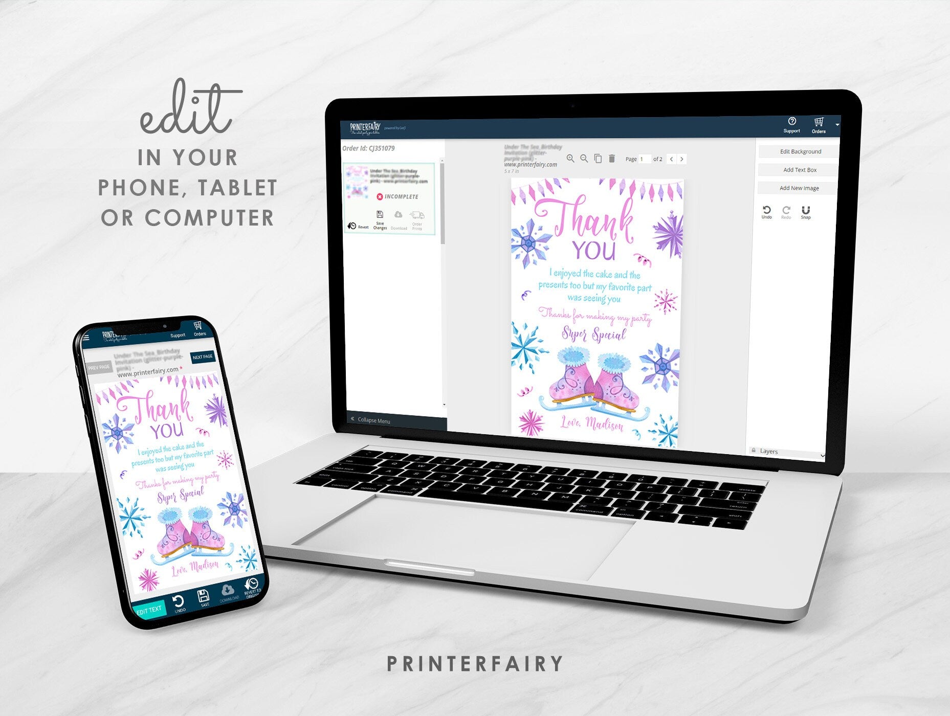 Ice Skating Thank You Card, Winter Wonderland, Snowflake Birthday (Printable, Instant Download)