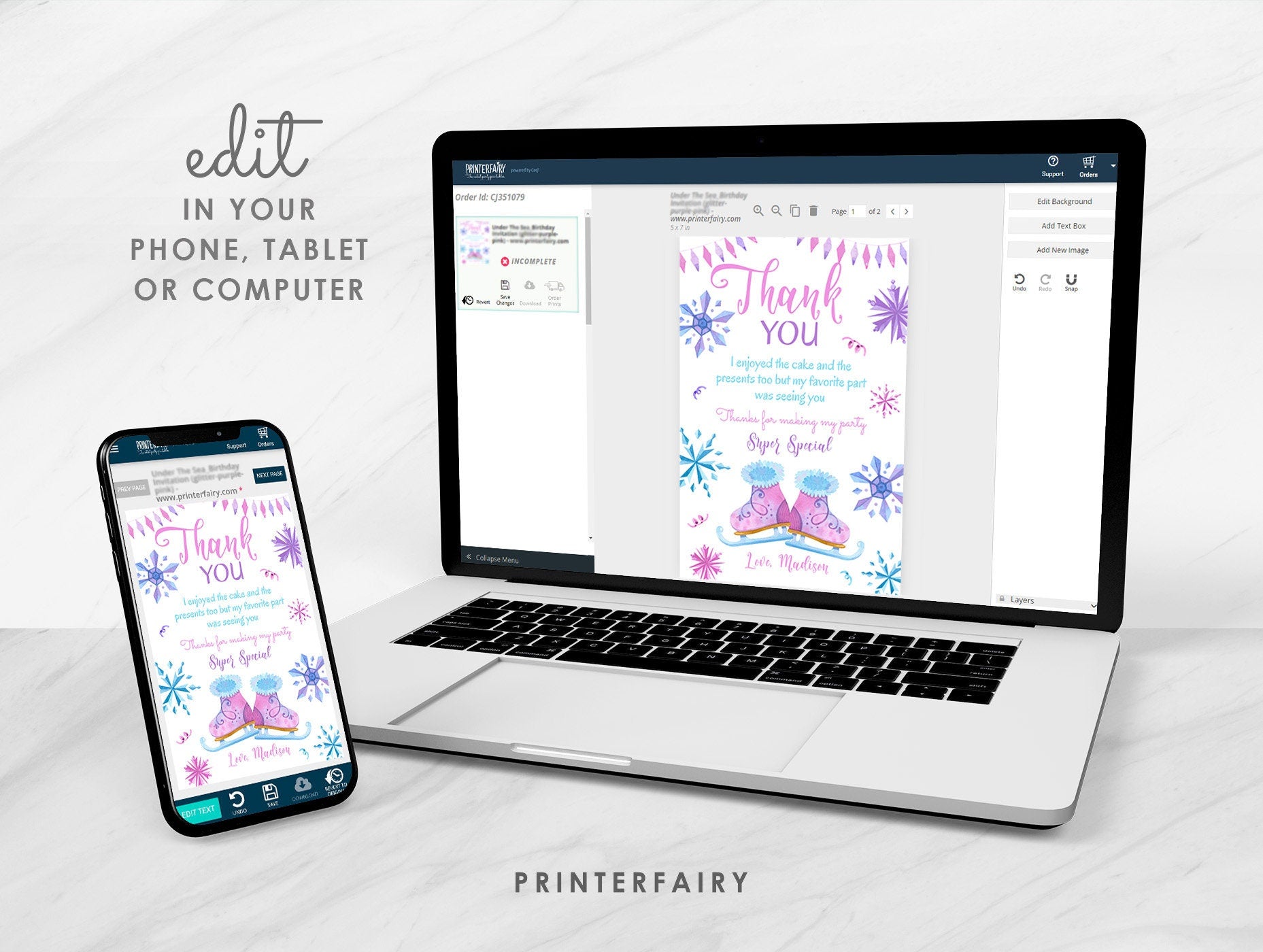 Ice Skating Thank You Card, Winter Wonderland, Snowflake Birthday (Printable, Instant Download)