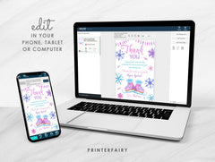 Ice Skating Thank You Card, Winter Wonderland, Snowflake Birthday (Printable, Instant Download)