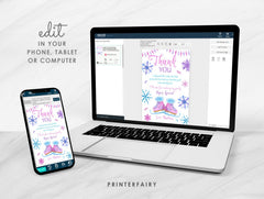 Ice Skating Thank You Card, Winter Wonderland, Snowflake Birthday (Printable, Instant Download)