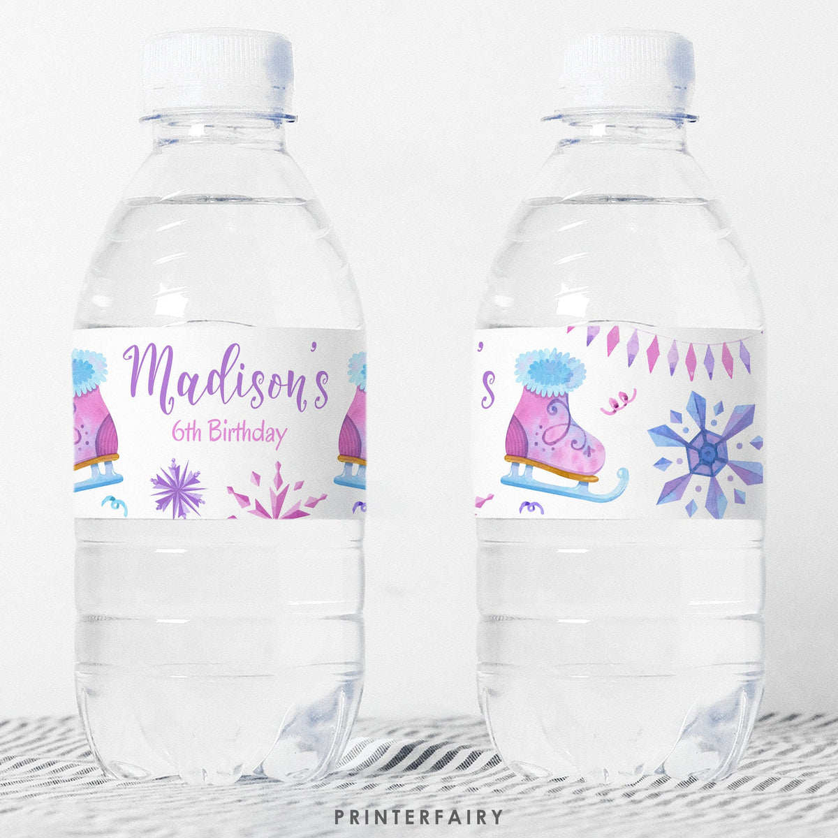Ice Skating Birthday Water Bottle Label, Winter Wonderland Decor (Editable, Instant Download)