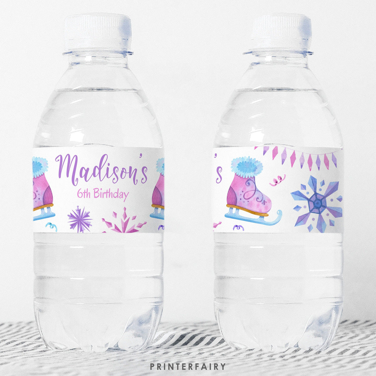 Ice Skating Birthday Water Bottle Label, Winter Wonderland Decor (Editable, Instant Download)