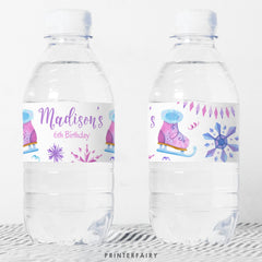 Ice Skating Birthday Water Bottle Label, Winter Wonderland Decor (Editable, Instant Download)