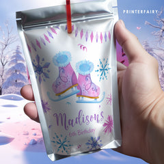 Ice Skating Birthday Party Drink Pouch Label (Editable, Instant Download)