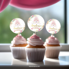 Princess Birthday Party Toppers, Castle Floral Decor (Editable, Instant Download)