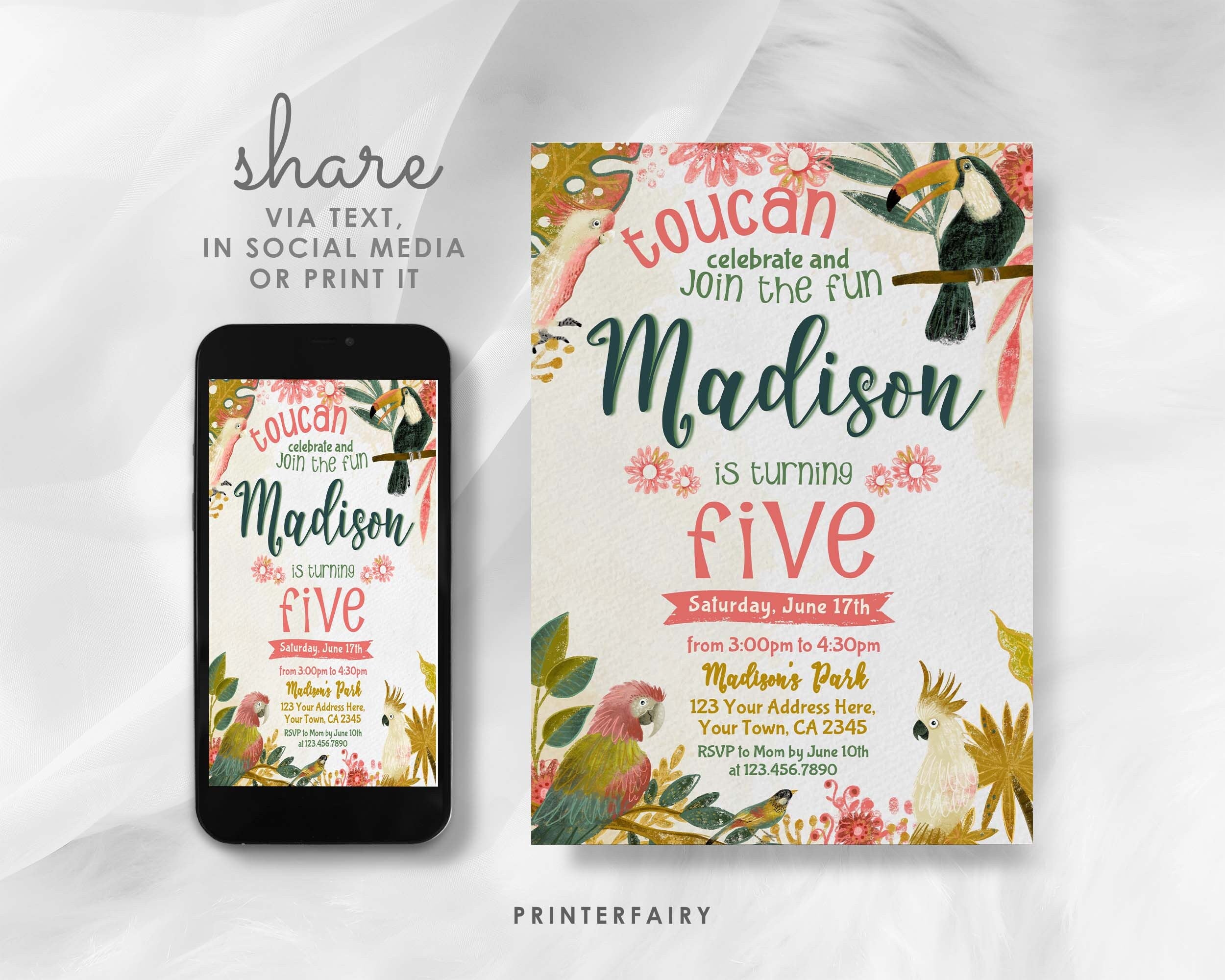 Tropical Birds Birthday Invitation, Luau Party (EDITABLE, Instant Download)