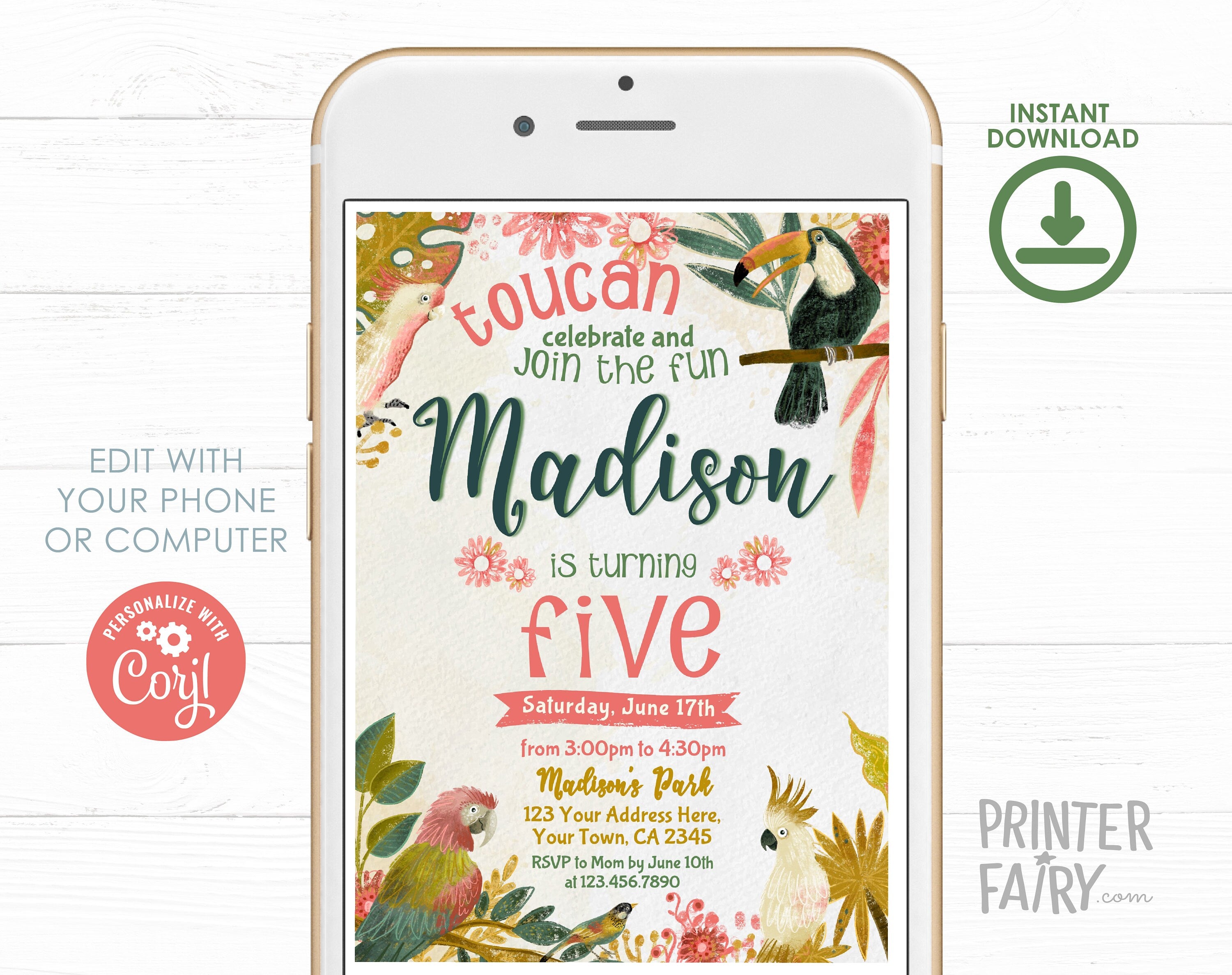 Tropical Birds Birthday Invitation, Luau Party (EDITABLE, Instant Download)