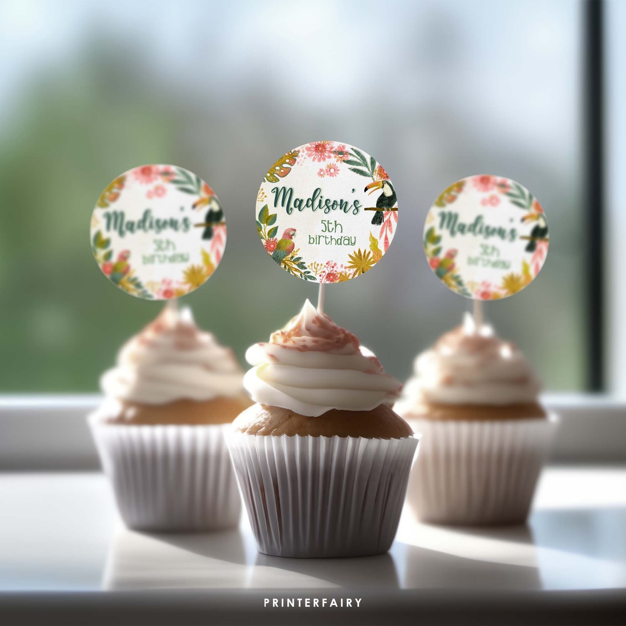 Tropical Birds Birthday Toppers, Luau Party Labels (EDITABLE, INSTANT DOWNLOAD)