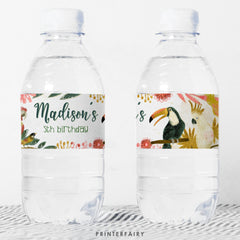 Tropical Birds Birthday Water Bottle Label, Editable (Instant Download)