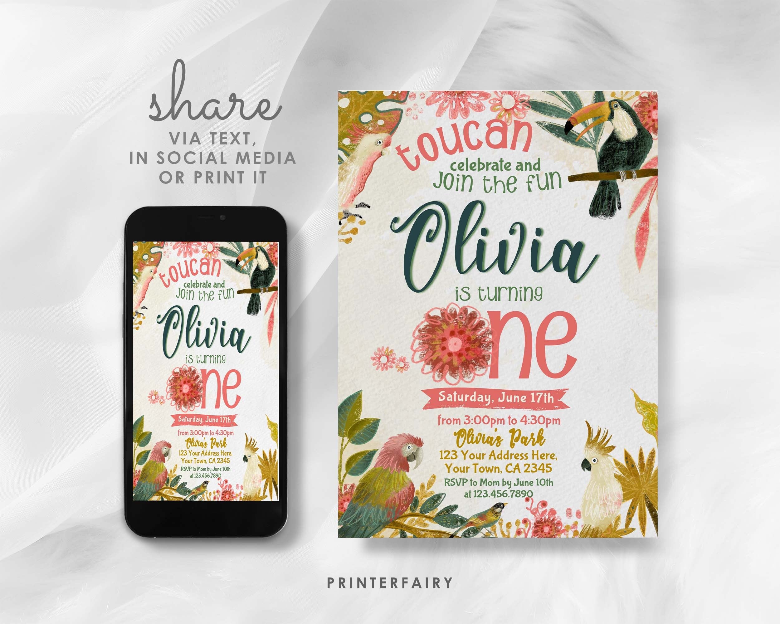 Tropical Birds Birthday Invitation, First Birthday Luau, Editable (Digital Download)