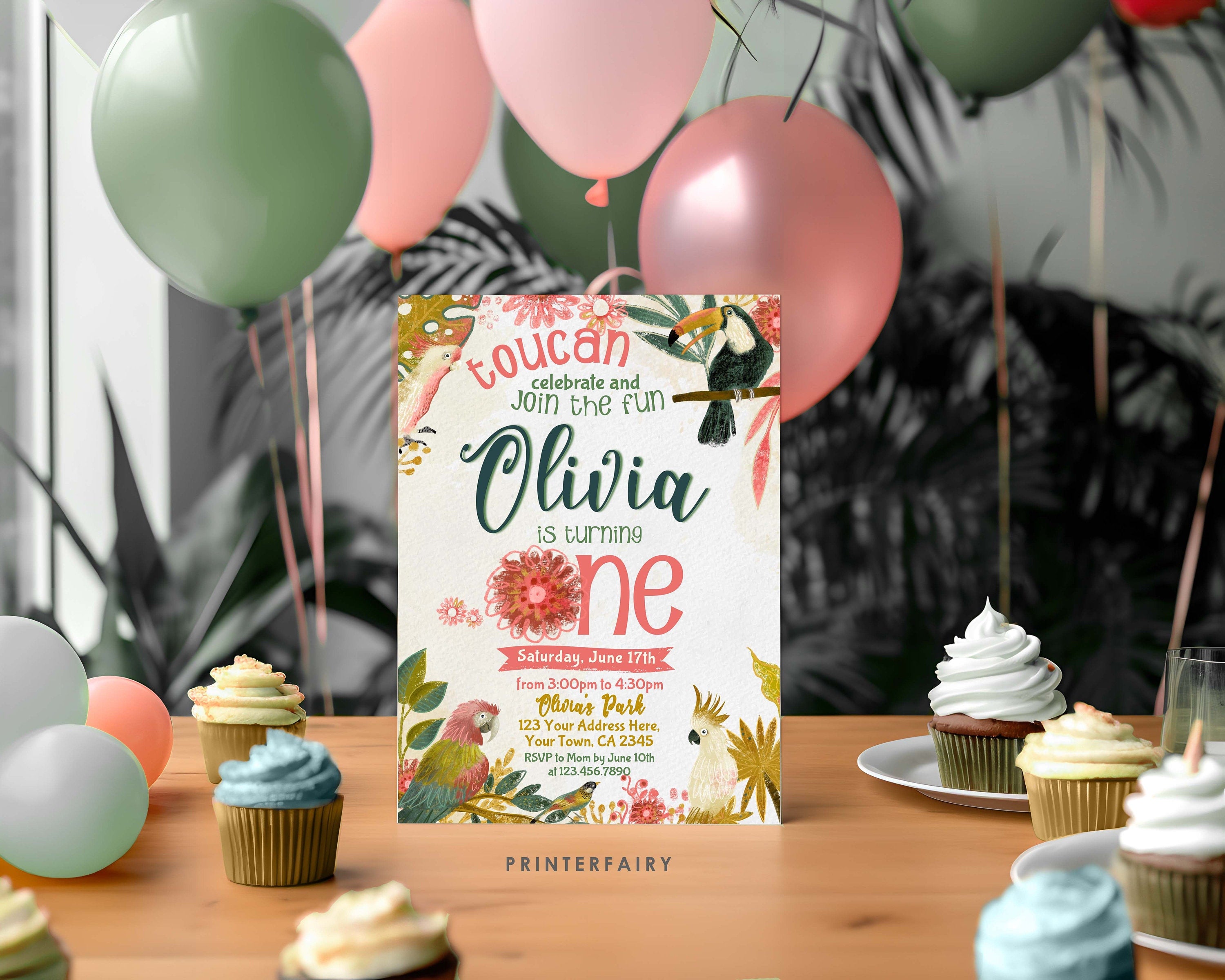 Tropical Birds Birthday Invitation, First Birthday Luau, Editable (Digital Download)