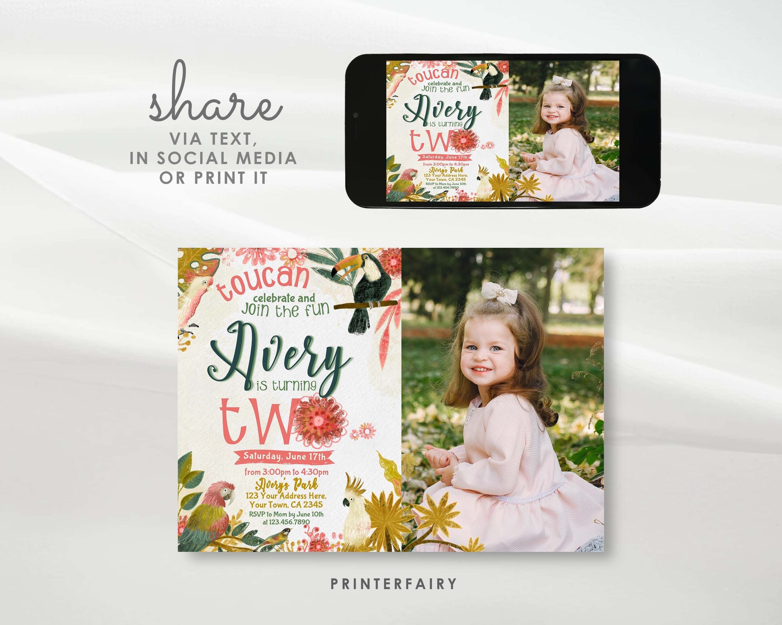 Tropical Birds Birthday Invitation, Luau Party, Photo, Editable (Digital Download)