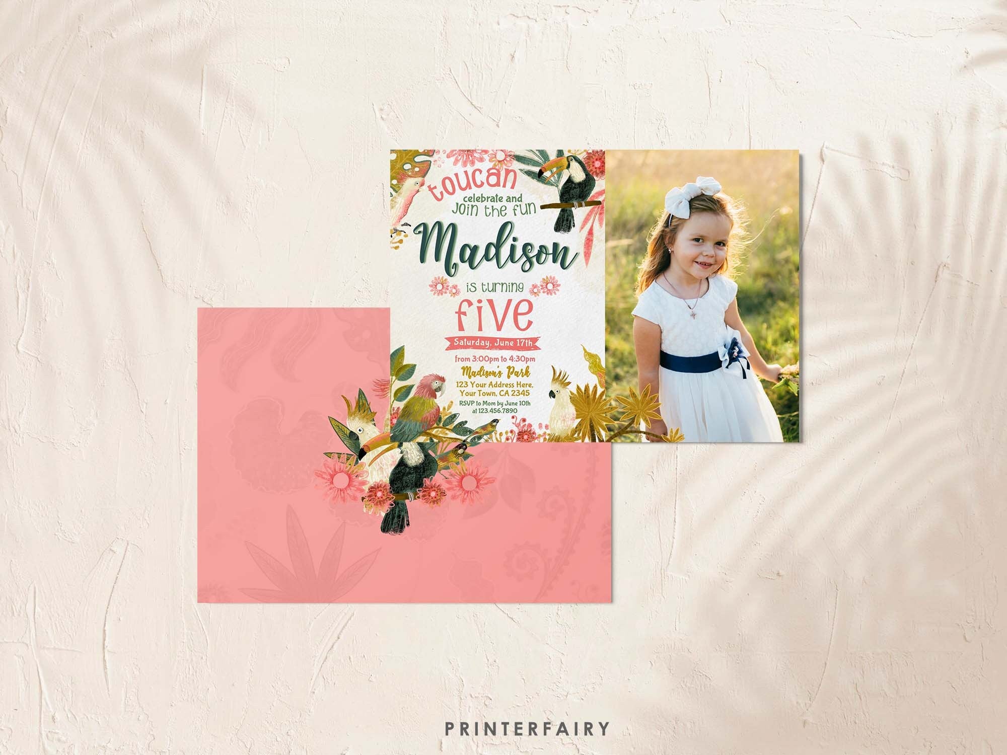 Tropical Birds Birthday Invitation with Photo, Editable Luau Invite (Instant Download)