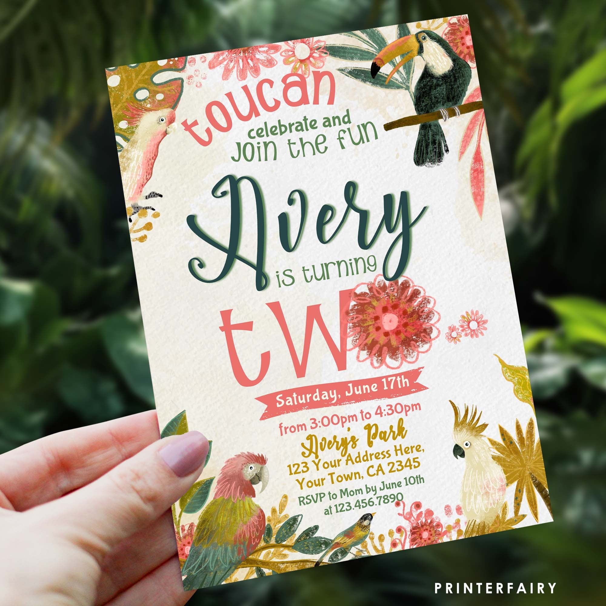 Tropical Birds Birthday Invitation, Luau Party, EDITABLE (Digital)