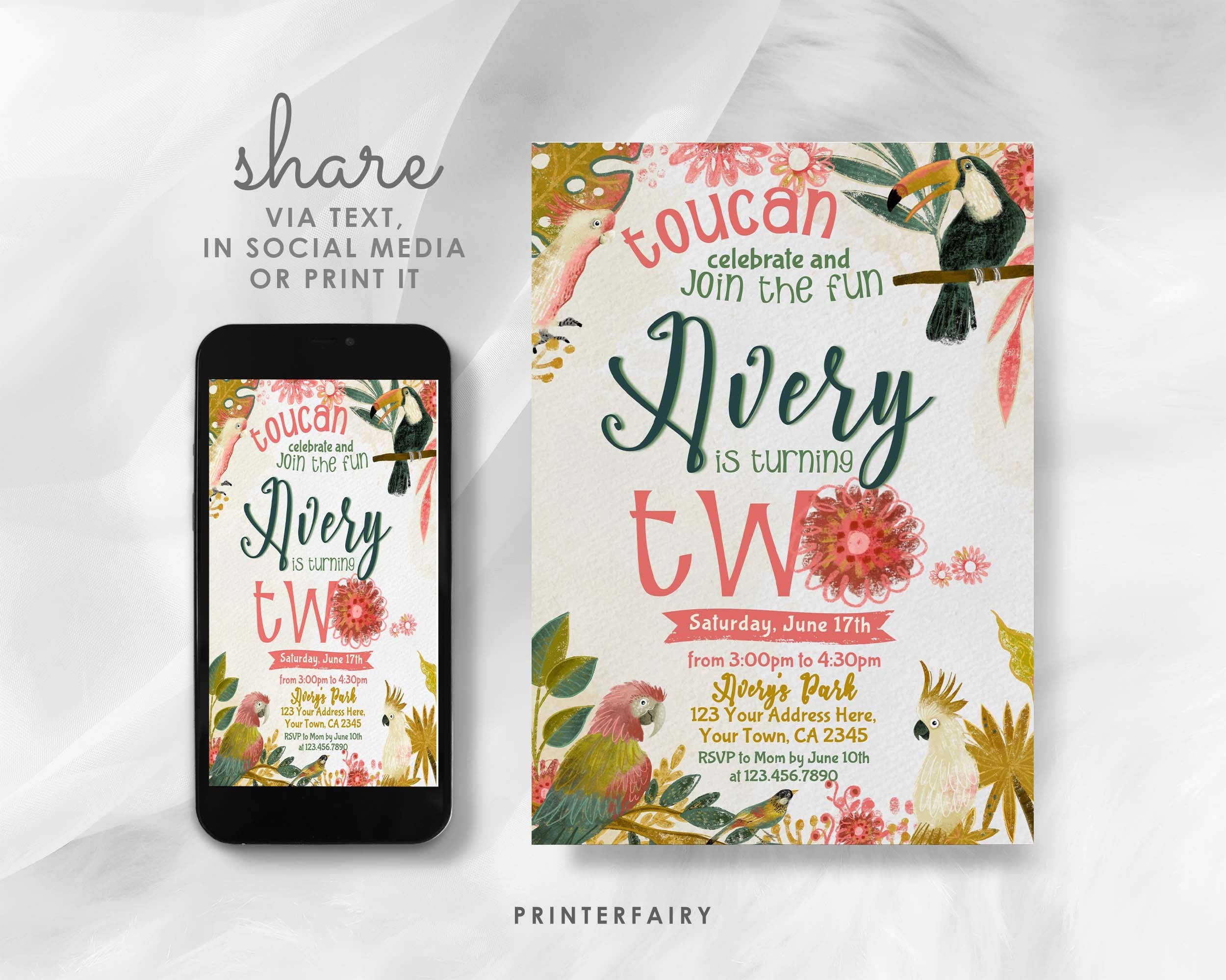 Tropical Birds Birthday Invitation, Luau Party, EDITABLE (Digital)