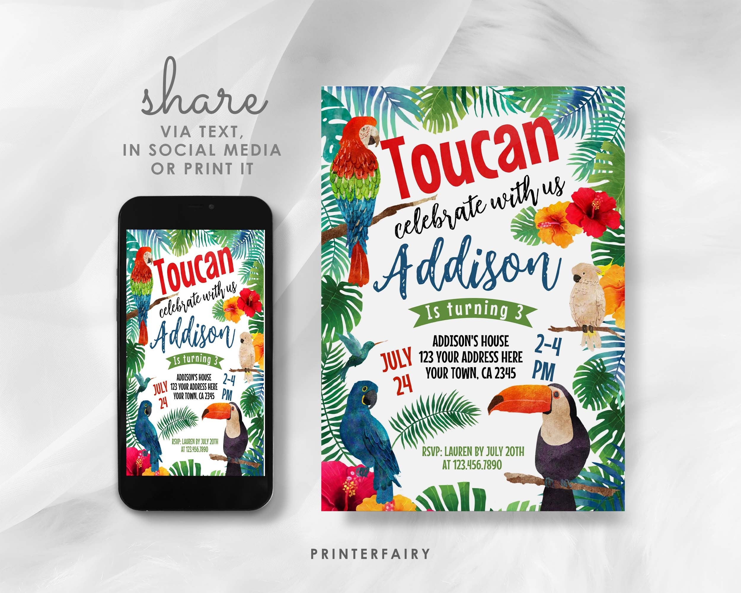 Toucan Birthday Invitation, EDITABLE, Tropical Luau Invite (INSTANT DOWNLOAD)