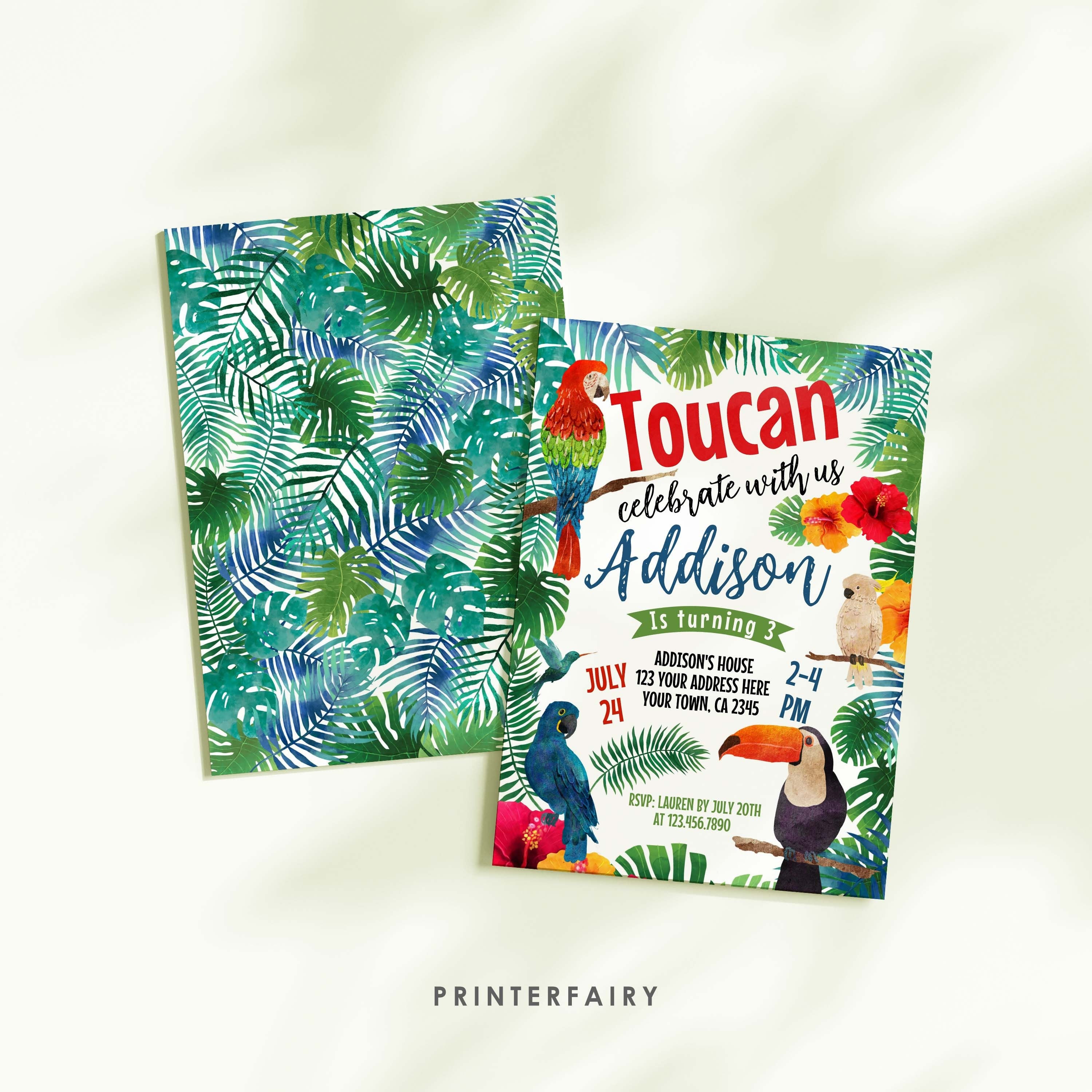 Toucan Birthday Invitation, EDITABLE, Tropical Luau Invite (INSTANT DOWNLOAD)
