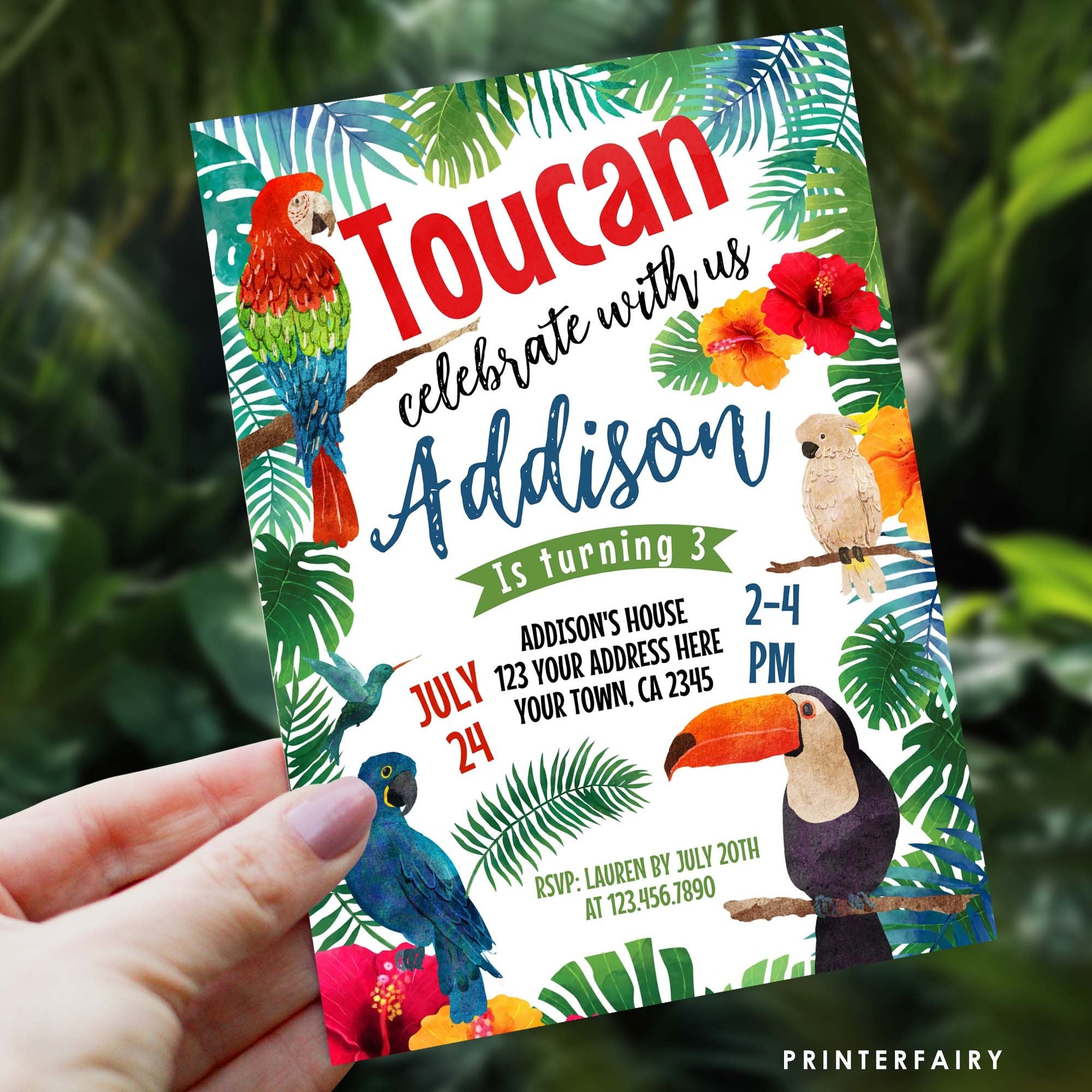 Toucan Birthday Invitation, EDITABLE, Tropical Luau Invite (INSTANT DOWNLOAD)