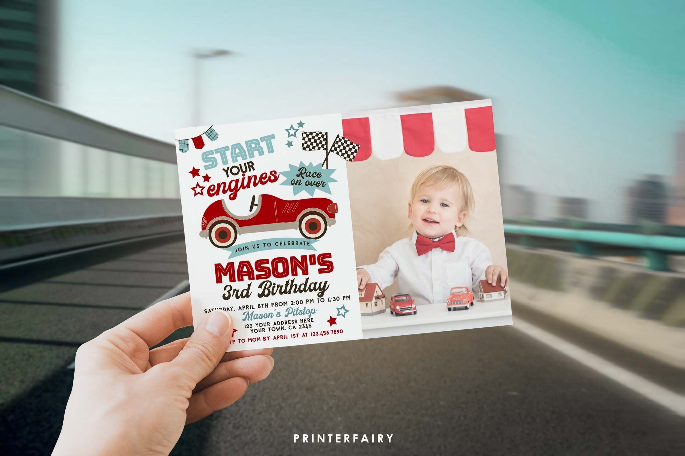 Race Car Birthday Invitation with Photo, Editable Racing Party (Printable)